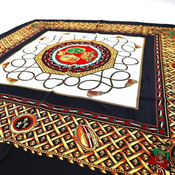 HERMES Silk Scarf Carre 90 Crowns Fleur De Lis Gold Black  Vintage - Picture 3 of 5